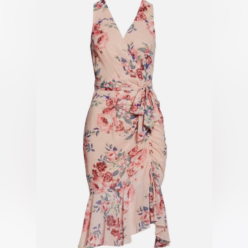 NWT! Eliza J Sleeveless Floral Ruched Chiffon Faux Wrap Dress in Blush - Size 12